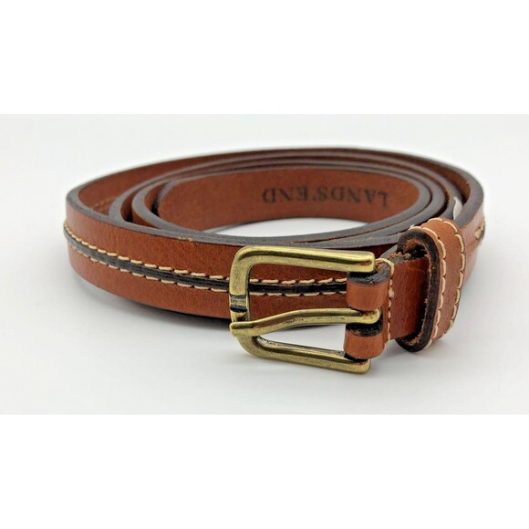 Lands End Mens Leather Belt Brown Size 33-36 Brass Buckle Contrast Stich Skinny - Picture 1 of 5